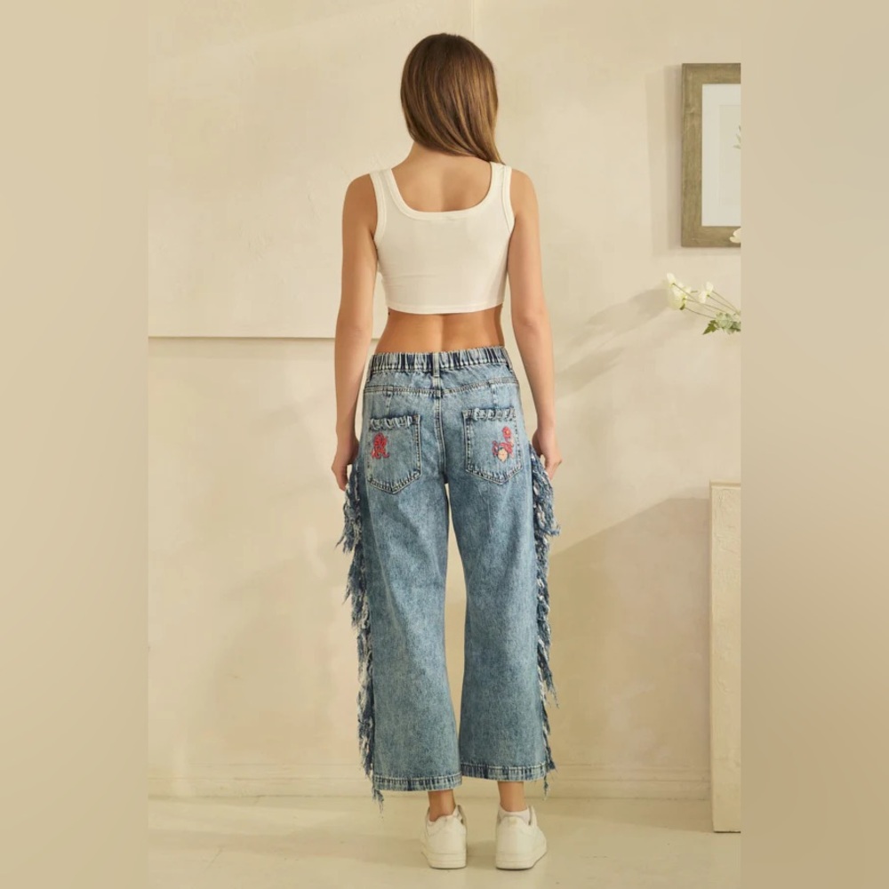 BP1145 Washed Embroidery Side Fray Jeans - Picture 8 of 11